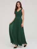 Forest Green Chiffon A-Line V-Neck V-Back Floor-Length Pleated Bridesmaid Dress - Curvevia