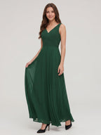 Forest Green Chiffon A-Line V-Neck V-Back Floor-Length Pleated Bridesmaid Dress - Curvevia