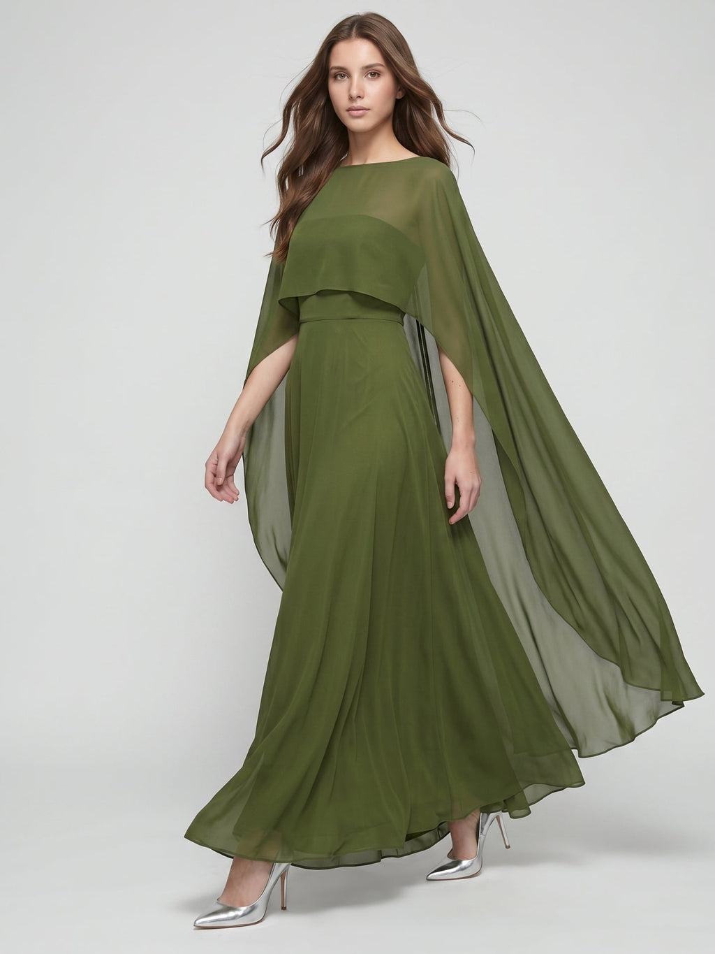 Olive Green Chiffon A-Line Straight Neck Illusion Back Floor-Length Bridesmaid Dress with Cape - Curvevia