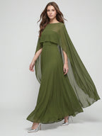 Olive Green Chiffon A-Line Straight Neck Illusion Back Floor-Length Bridesmaid Dress with Cape - Curvevia