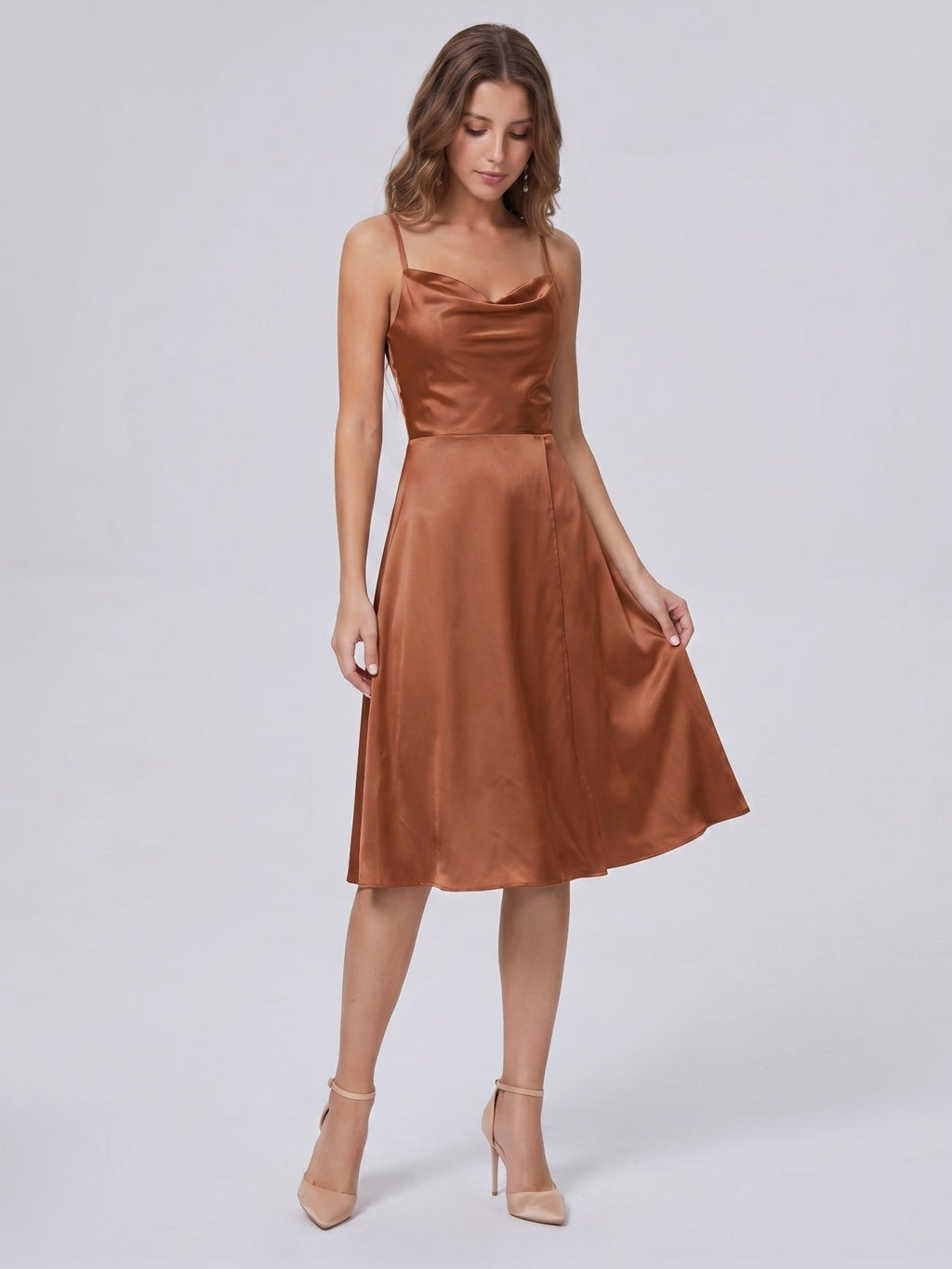 Terracotta Satin A-Line Cowl Neck Backless Knee-Length Bridesmaid Dress - Curvevia