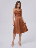 Terracotta Satin A-Line Cowl Neck Backless Knee-Length Bridesmaid Dress - Curvevia