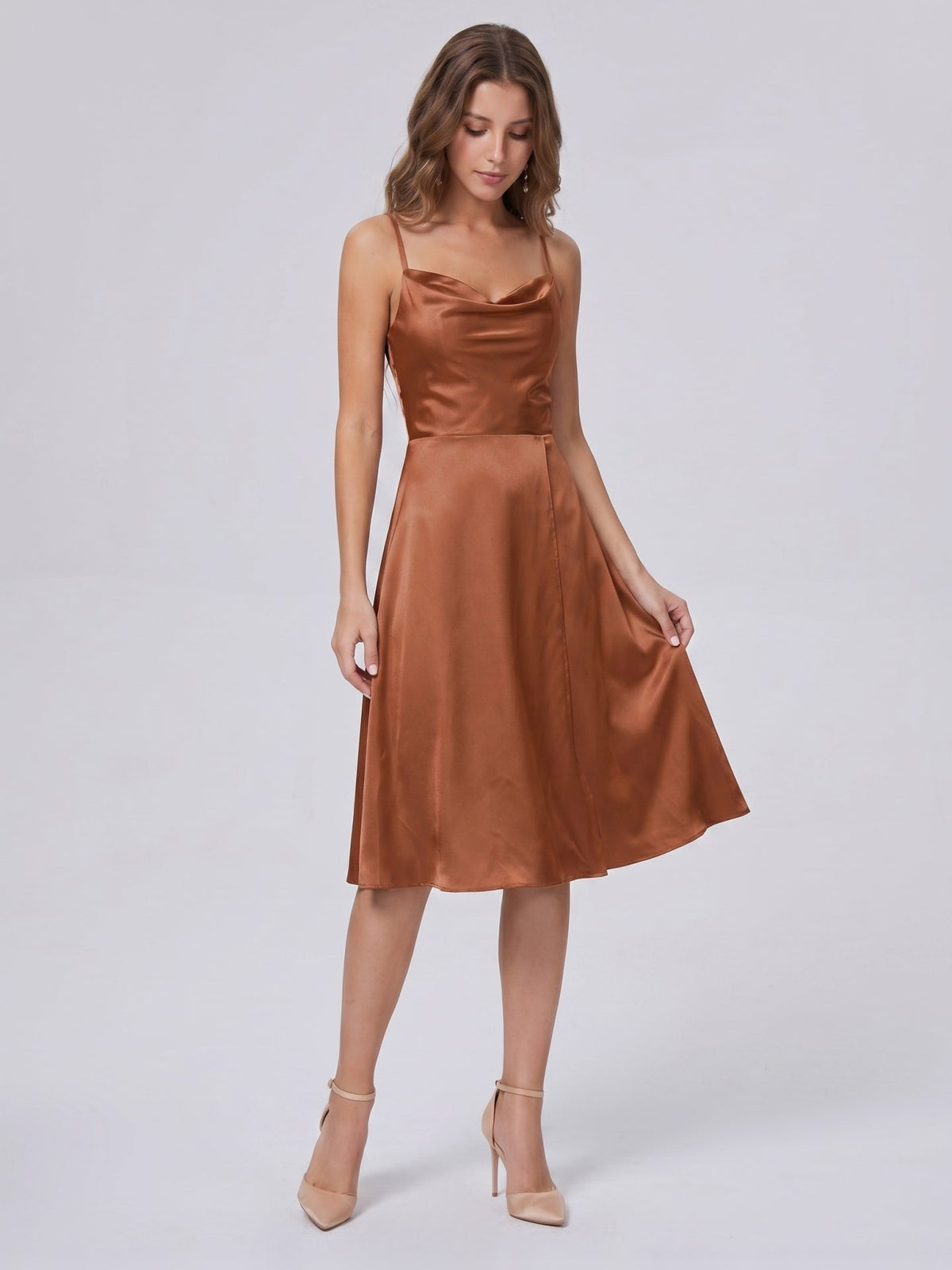 Terracotta Satin A-Line Cowl Neck Backless Knee-Length Bridesmaid Dress - Curvevia