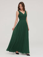 Forest Green Chiffon A-Line V-Neck V-Back Floor-Length Pleated Bridesmaid Dress - Curvevia