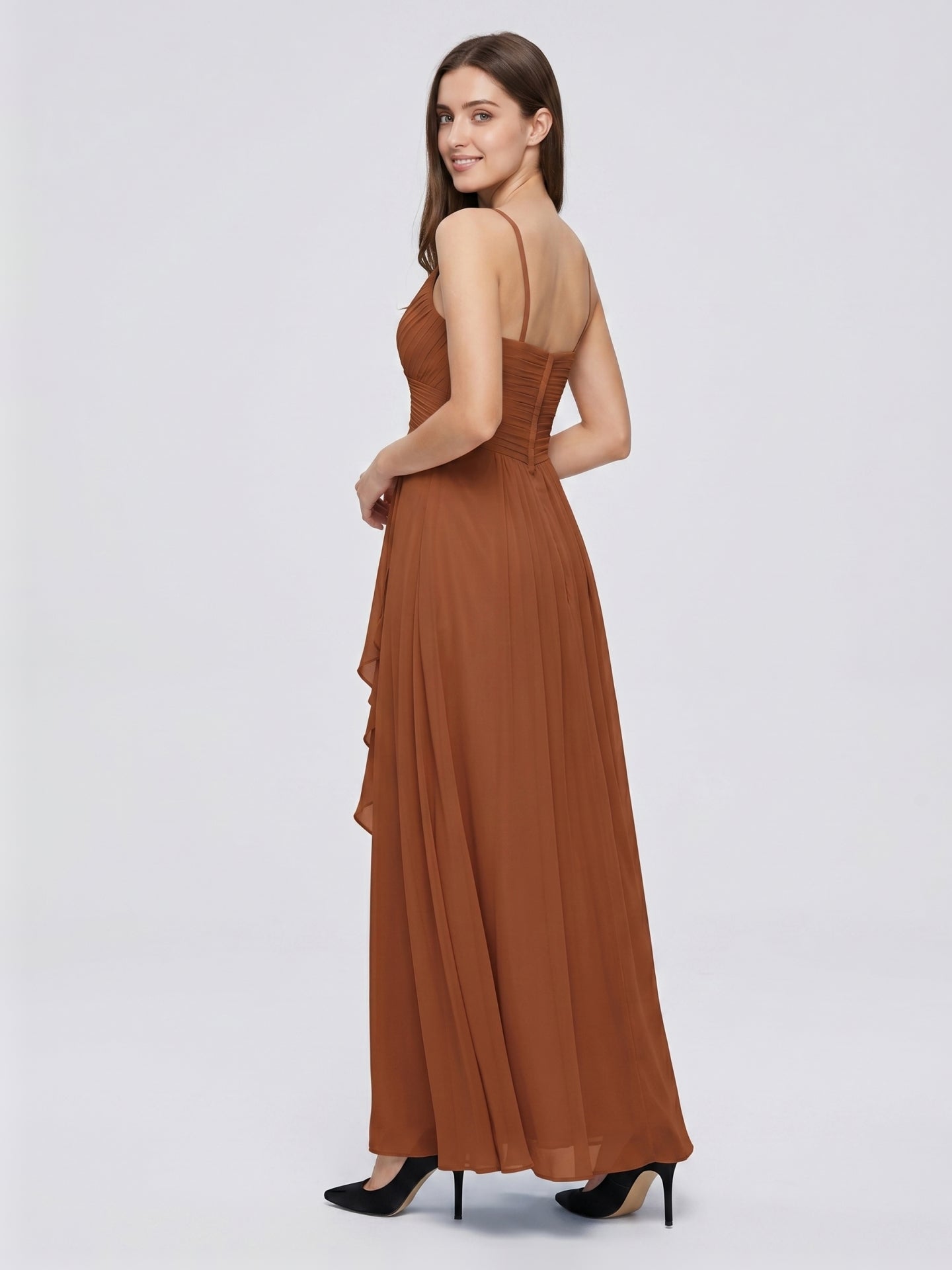Terracotta Chiffon A-Line V-Neck Backless Floor-Length Pleated Bridesmaid Dress - Curvevia