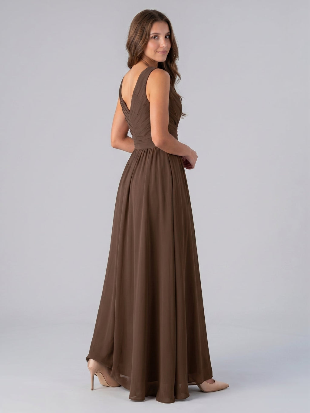 Mocha Chiffon A-Line V-Neck Back Zip Floor-Length Pleated Bridesmaid Dress - Curvevia