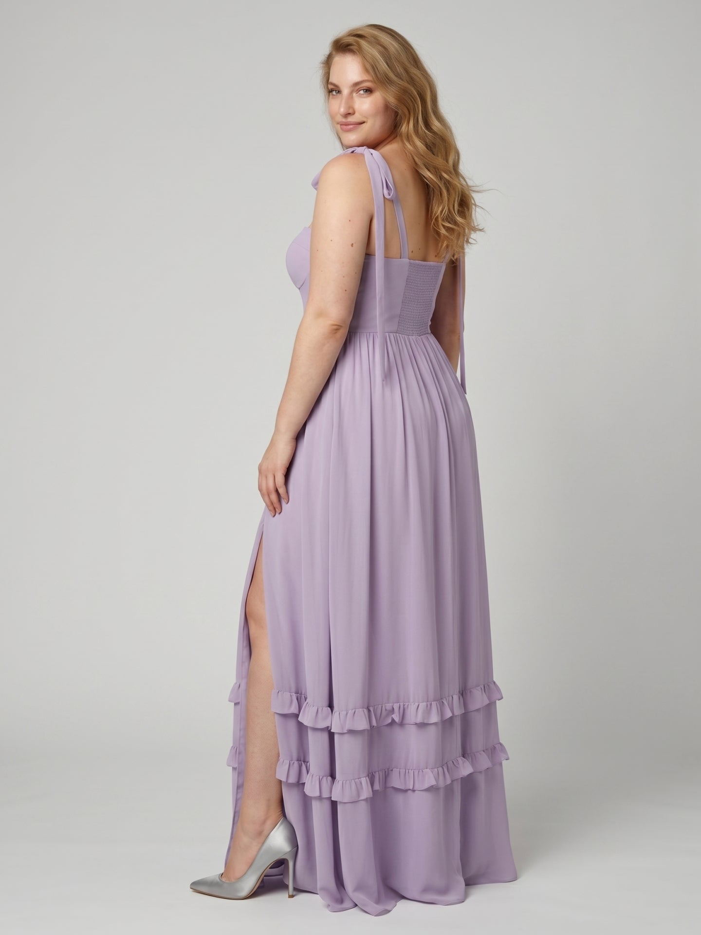 Coquette Lavender Chiffon A-Line Straight Neck Backless Ankle-Length Plus Size Bridesmaid Dress - Curvevia