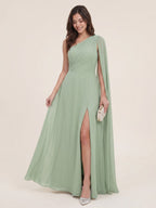 Modern Dusty Sage Chiffon A-Line One Shoulder Side Zip Ankle-Length Bridesmaid Dress - Curvevia