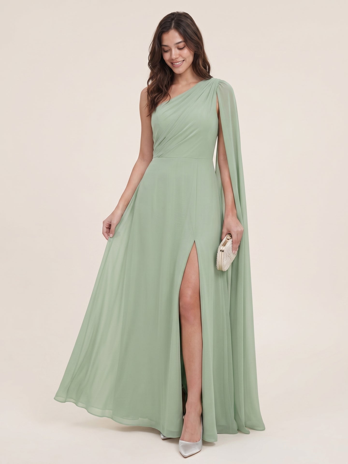 Modern Dusty Sage Chiffon A-Line One Shoulder Side Zip Ankle-Length Bridesmaid Dress - Curvevia