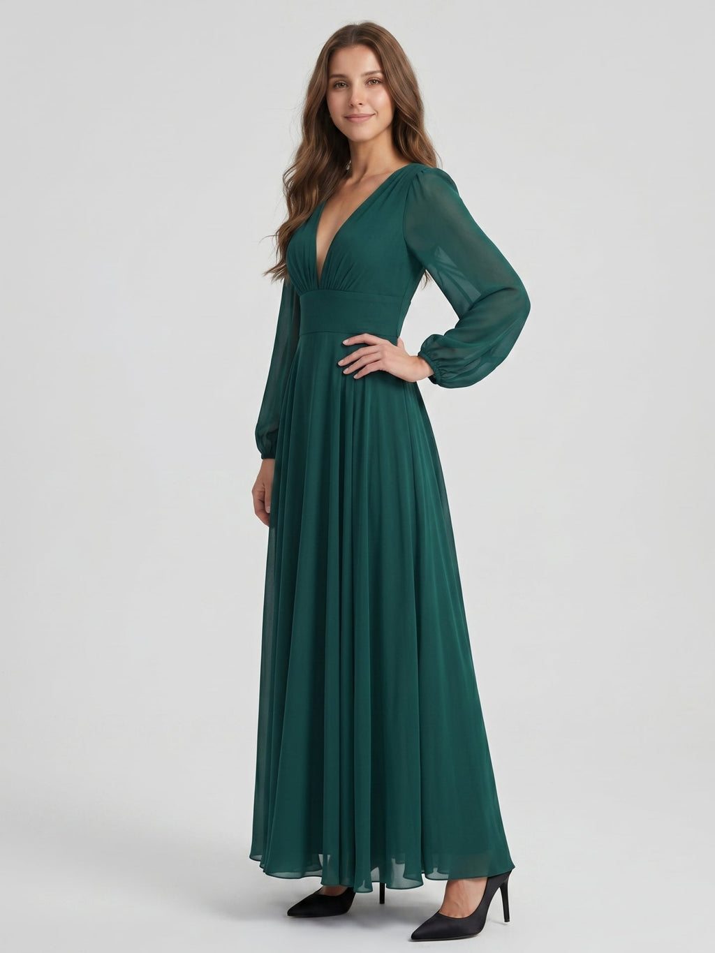 Peacock Chiffon A-Line V-Neck V-Back Floor-Length Bridesmaid Dress - Curvevia