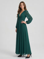Peacock Chiffon A-Line V-Neck V-Back Floor-Length Bridesmaid Dress - Curvevia