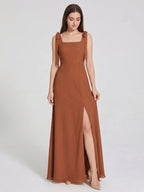 Terracotta Chiffon A-Line Square Neck Backless Floor-Length Bridesmaid Dress with Bow - Curvevia
