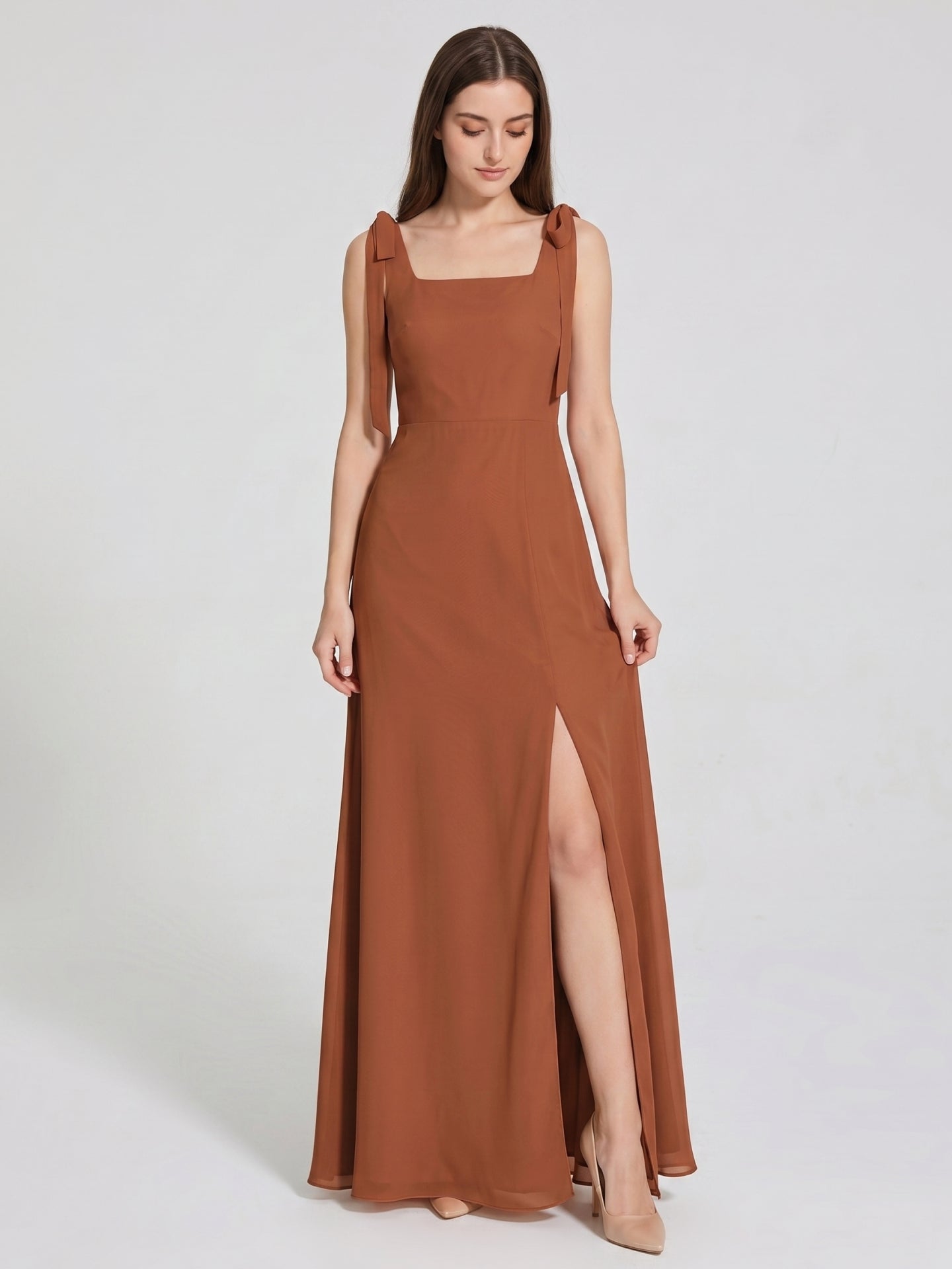 Terracotta Chiffon A-Line Square Neck Backless Floor-Length Bridesmaid Dress with Bow - Curvevia