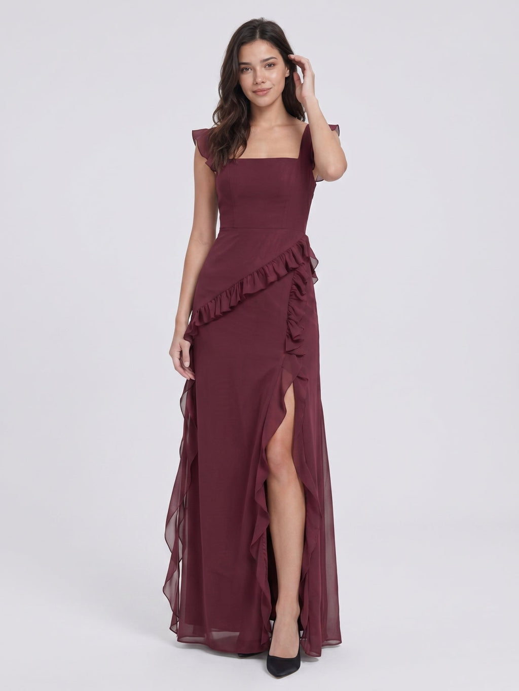 Elegant Cabernet Chiffon A-Line Square Neck Back Zip Ruffle Ankle-Length Bridesmaid Dress - Curvevia