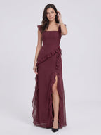 Elegant Cabernet Chiffon A-Line Square Neck Back Zip Ruffle Ankle-Length Bridesmaid Dress - Curvevia