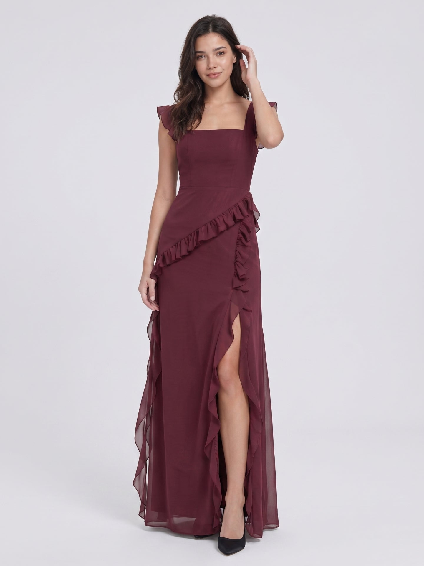Elegant Cabernet Chiffon A-Line Square Neck Back Zip Ruffle Ankle-Length Bridesmaid Dress - Curvevia