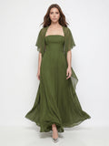 Olive Green Chiffon A-Line Straight Neck Backless Floor-Length Bridesmaid Dress with Cape - Curvevia
