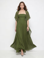 Olive Green Chiffon A-Line Straight Neck Backless Floor-Length Bridesmaid Dress with Cape - Curvevia