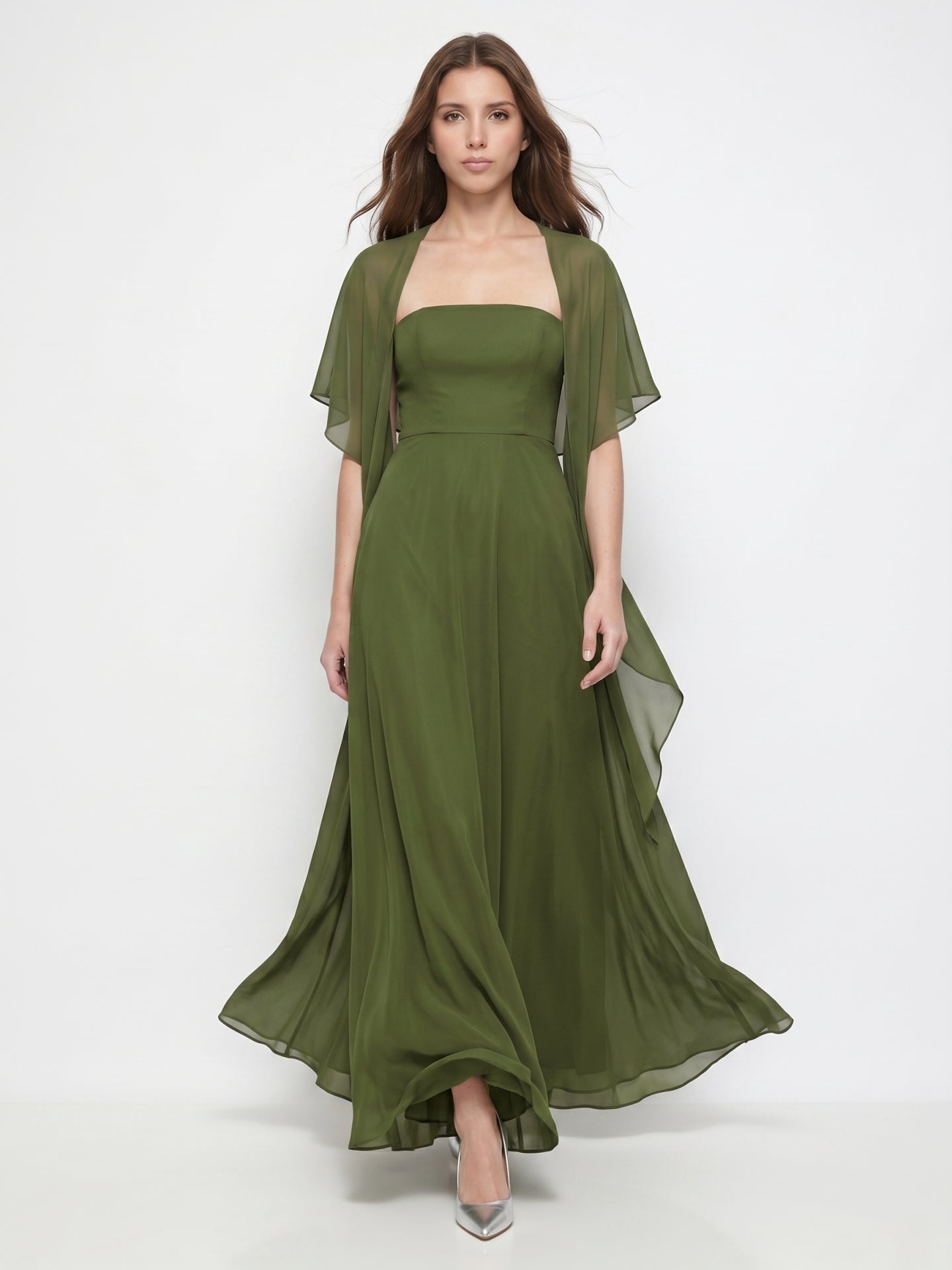 Olive Green Chiffon A-Line Straight Neck Backless Floor-Length Bridesmaid Dress with Cape - Curvevia