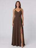 Mocha Chiffon A-Line V-Neck V-Back Floor-Length Bridesmaid Dress - Curvevia