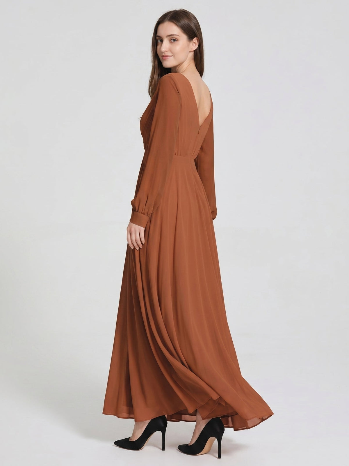 Terracotta Chiffon A-Line V-Neck Back Zip Floor-Length Pleated Bridesmaid Dress - Curvevia