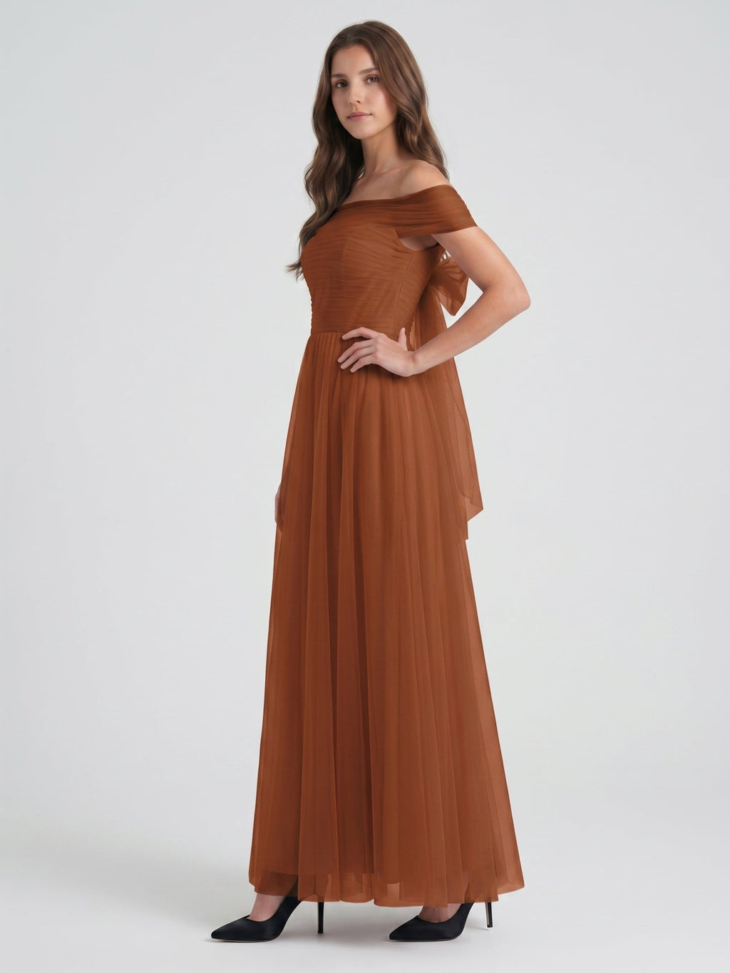 Terracotta Tulle A-Line Off-the-Shoulder Backless Floor-Length Bridesmaid Dress with Bow - Curvevia