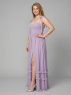 Coquette Lavender Chiffon A-Line Straight Neck Backless Ankle-Length Plus Size Bridesmaid Dress - Curvevia