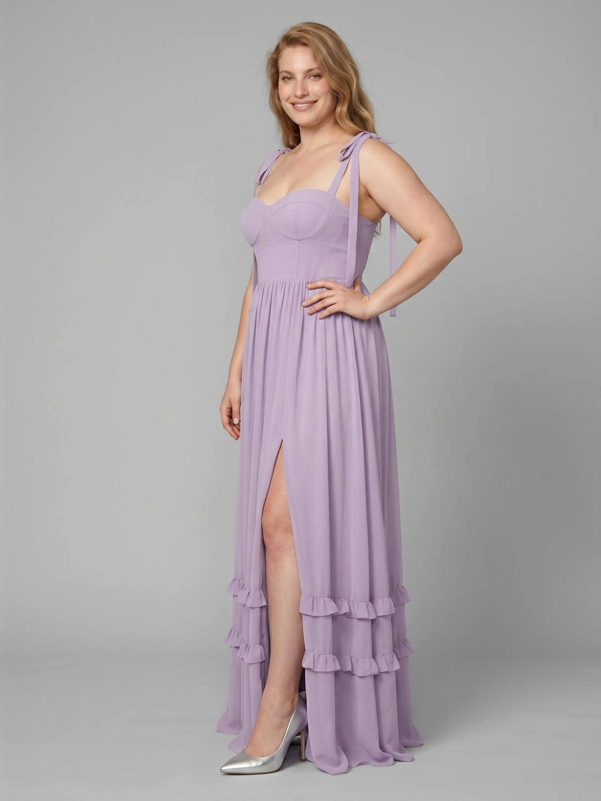 Coquette Lavender Chiffon A-Line Straight Neck Backless Ankle-Length Plus Size Bridesmaid Dress - Curvevia