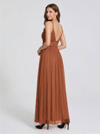 Terracotta Tulle A-Line V-Neck Backless Floor-Length Pleated Bridesmaid Dress - Curvevia