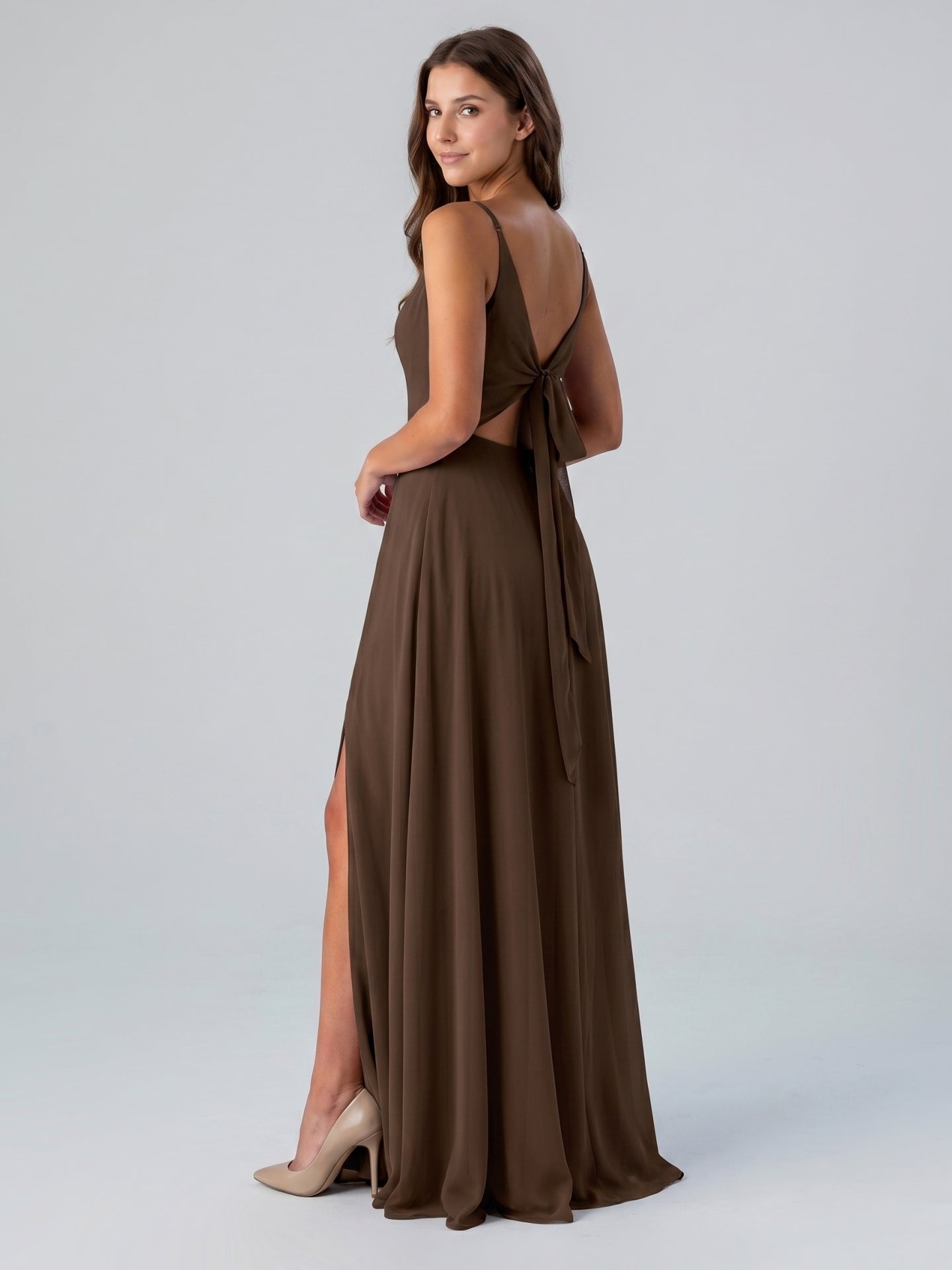 Mocha Chiffon A-Line V-Neck Lace-Up Back Floor-Length Bridesmaid Dress with Bow - Curvevia