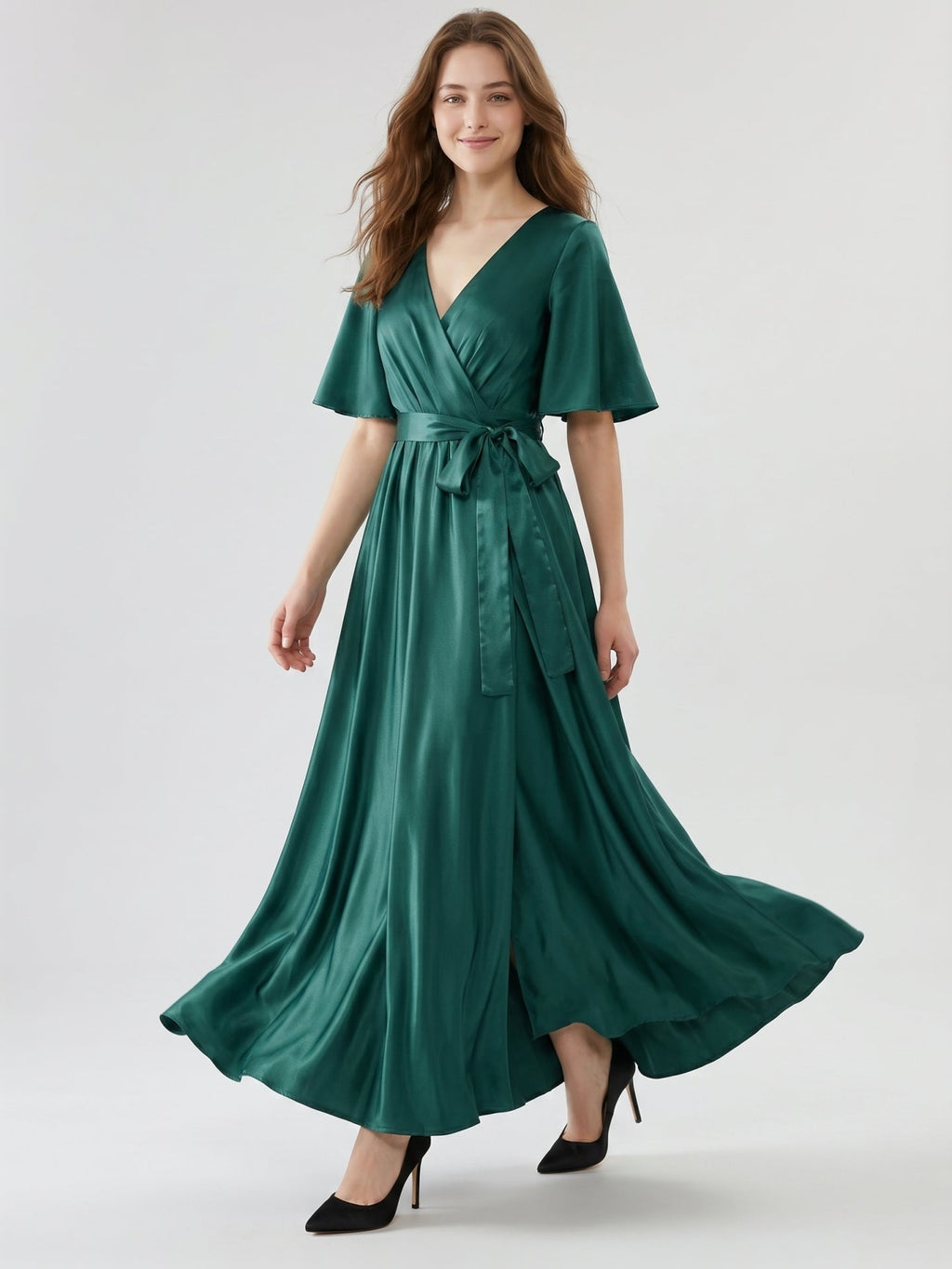 Peacock Satin A-Line V-Neck Side Zip Floor-Length Bridesmaid Dress with Bow - Curvevia