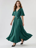 Peacock Satin A-Line V-Neck Side Zip Floor-Length Bridesmaid Dress with Bow - Curvevia