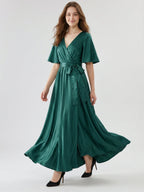 Peacock Satin A-Line V-Neck Side Zip Floor-Length Bridesmaid Dress with Bow - Curvevia
