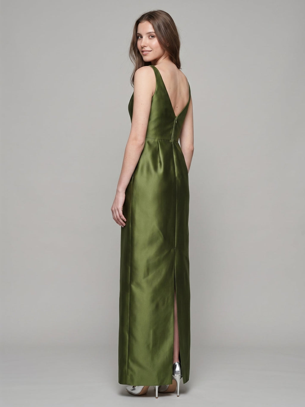 Olive Green Satin Column Straight Neck V-Back Floor-Length Bridesmaid Dress with Pockets - Curvevia