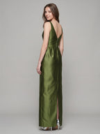 Olive Green Satin Column Straight Neck V-Back Floor-Length Bridesmaid Dress with Pockets - Curvevia