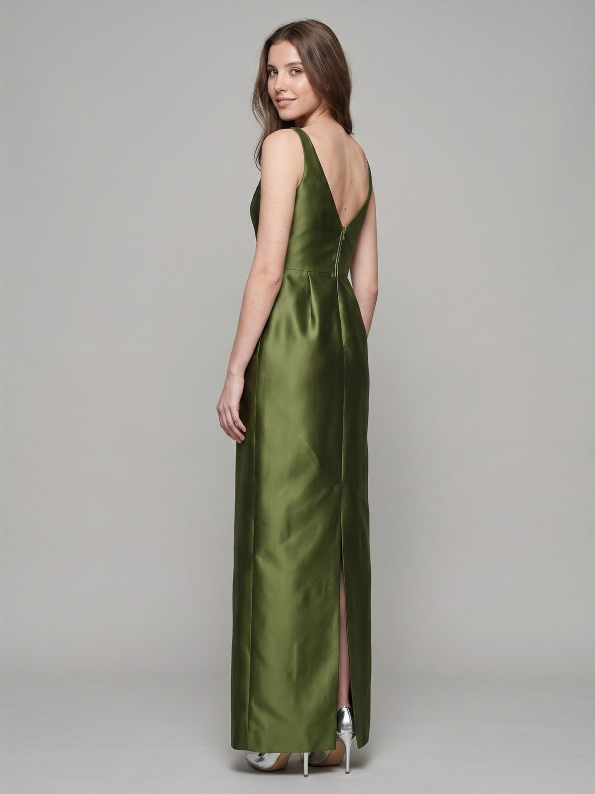 Olive Green Satin Column Straight Neck V-Back Floor-Length Bridesmaid Dress with Pockets - Curvevia