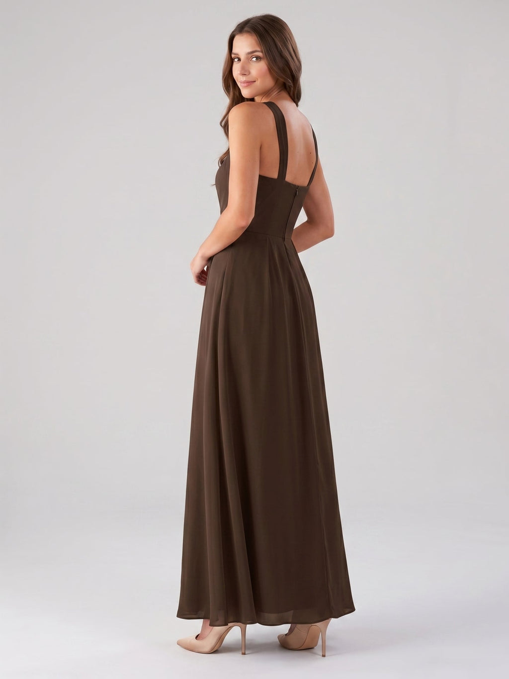 Mocha Chiffon A-Line Halter Backless Floor-Length Bridesmaid Dress with Pockets - Curvevia