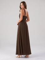 Mocha Chiffon A-Line Halter Backless Floor-Length Bridesmaid Dress with Pockets - Curvevia