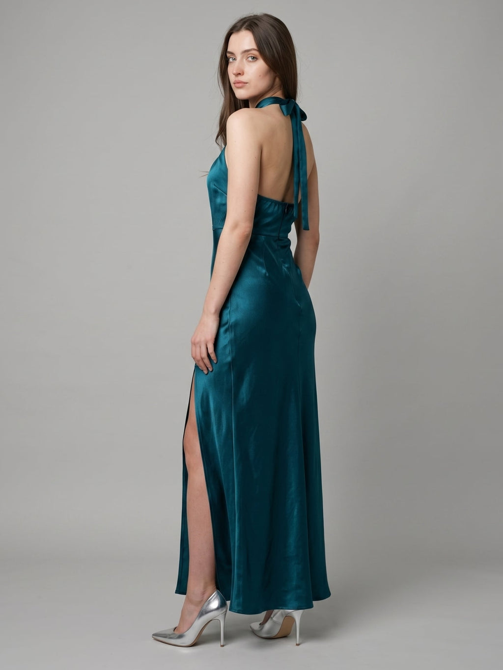 Teal Satin Sheath Halter Lace-Up Back Ankle-Length Bridesmaid Dress - Curvevia