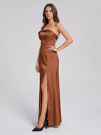 Terracotta Satin Column One Shoulder Backless Floor-Length Bridesmaid Dress - Curvevia