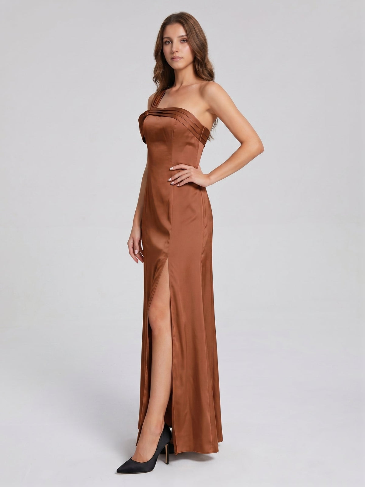 Terracotta Satin Column One Shoulder Backless Floor-Length Bridesmaid Dress - Curvevia
