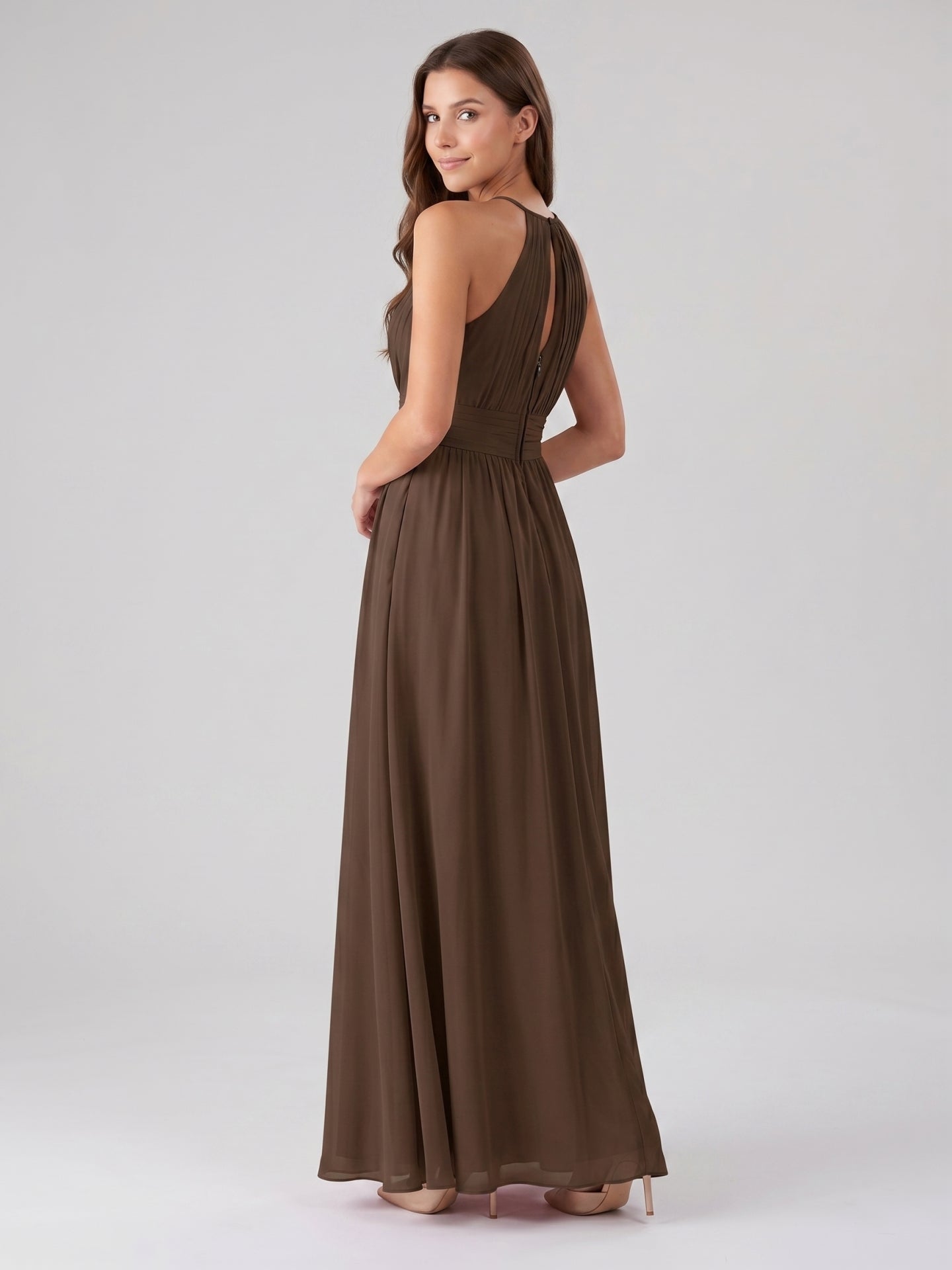 Mocha Chiffon A-Line Halter Keyhole Back Floor-Length Bridesmaid Dress - Curvevia