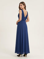 Simple Navy Blue Chiffon A-Line Scoop Neck V-Back with Bow Accent Ankle-Length Bridesmaid Dress - Curvevia