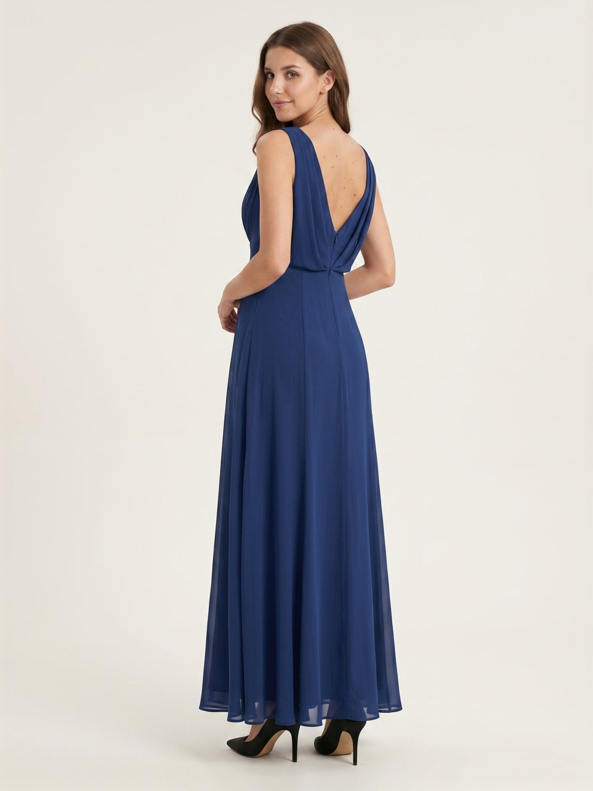 Simple Navy Blue Chiffon A-Line Scoop Neck V-Back with Bow Accent Ankle-Length Bridesmaid Dress - Curvevia