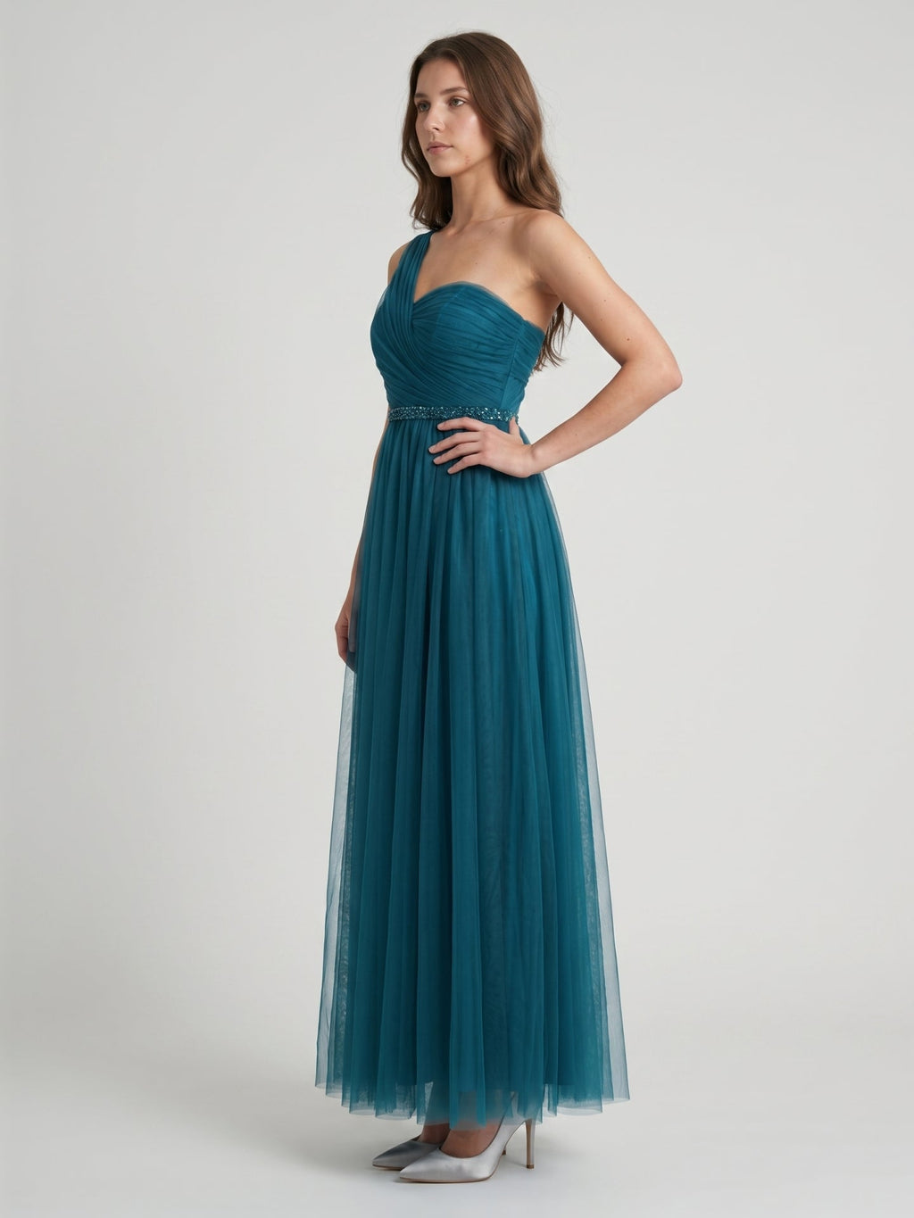 Teal Tulle A-Line One Shoulder Back Zip Floor-Length Pleated Bridesmaid Dress - Curvevia