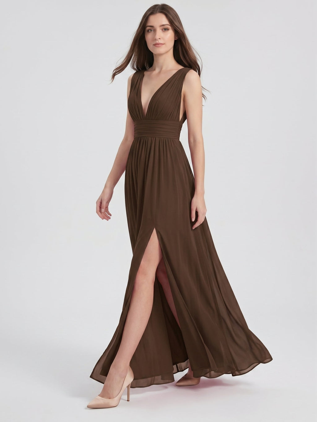 Mocha Chiffon A-Line V-Neck V-Back Ankle-Length Pleated Bridesmaid Dress - Curvevia