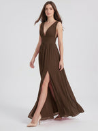 Mocha Chiffon A-Line V-Neck V-Back Ankle-Length Pleated Bridesmaid Dress - Curvevia