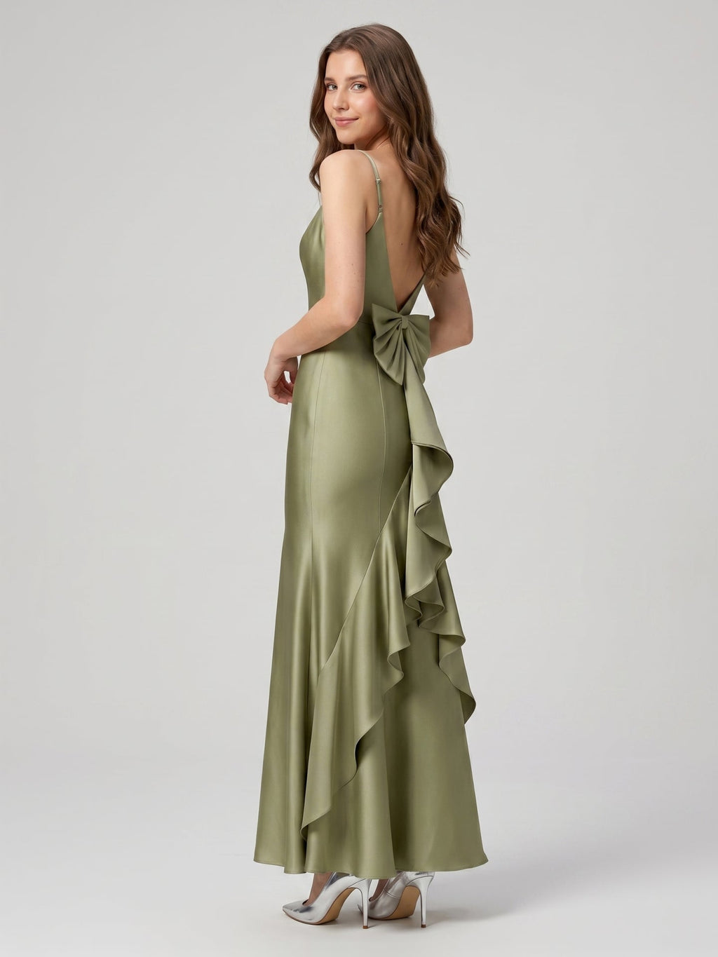 Elegant Sage Green Satin mermaid Straight Neck Backless with Bow Ankle-Length Bridesmaid Dress - Curvevia