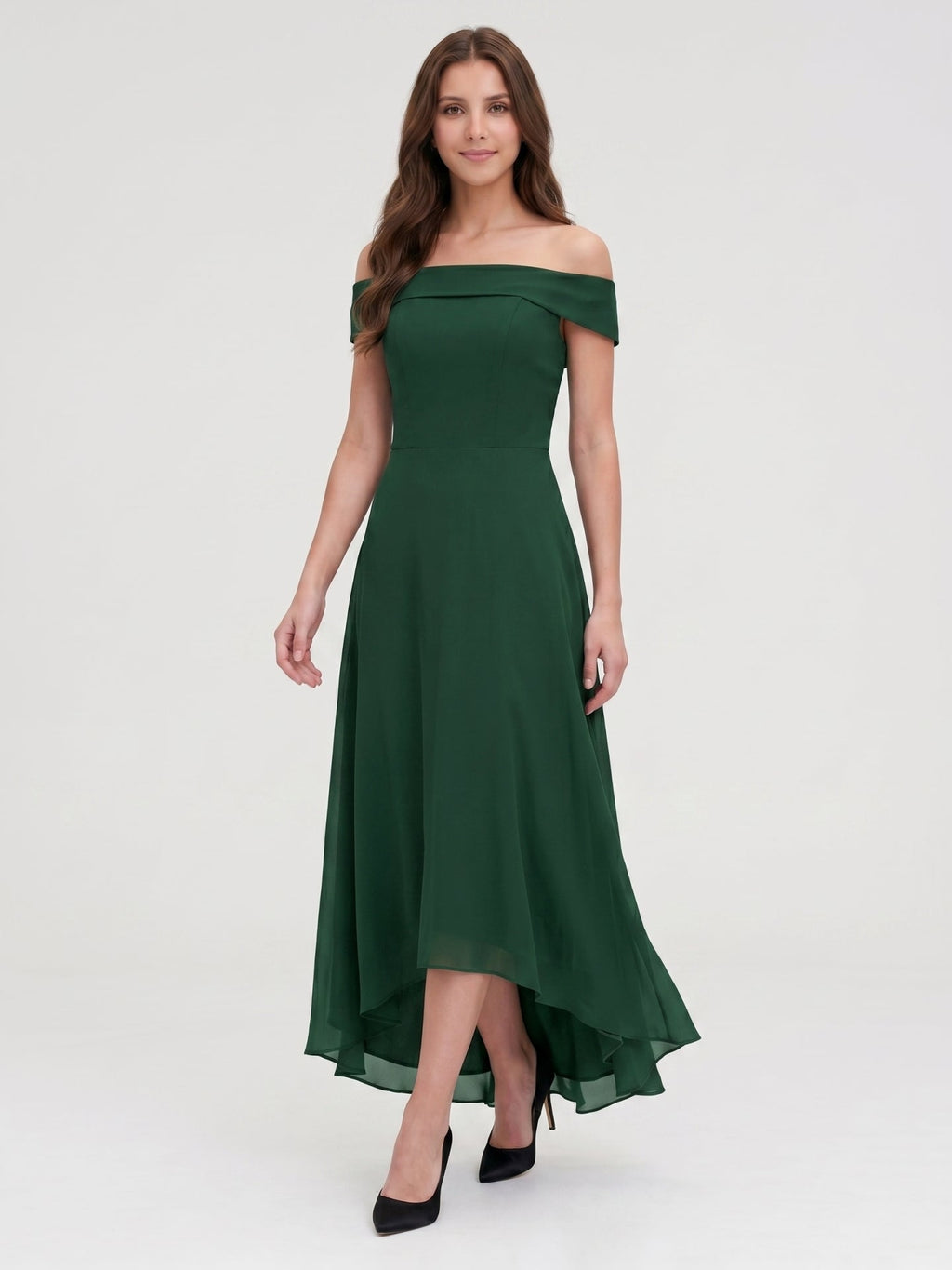 Forest Green Chiffon A-Line Off-the-Shoulder Back Zip Asymmetrical Bridesmaid Dress - Curvevia