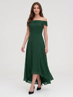 Forest Green Chiffon A-Line Off-the-Shoulder Back Zip Asymmetrical Bridesmaid Dress - Curvevia